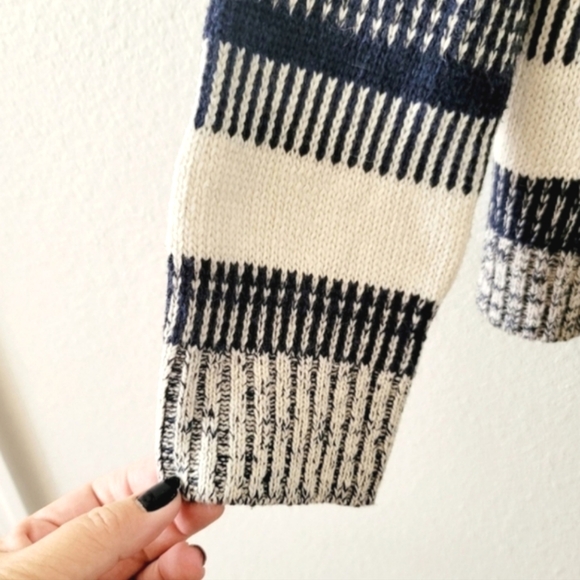 B Sharp open front cardigan sweater sz L waterfall collar blue off white stripe - Picture 2 of 5